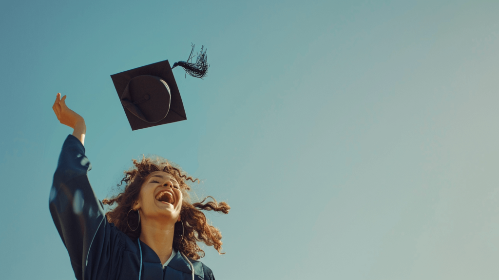 A joyful graduate standing under a clear blue sky, throwing their graduation cap high into the air with a wide, triumphant smile. The cap is captured mid-air, symbolizing freedom and success. The graduate's hair is tousled by a gentle breeze, and the background is filled with soft, out-of-focus cheers from fellow graduates, enhancing the celebratory atmosphere.