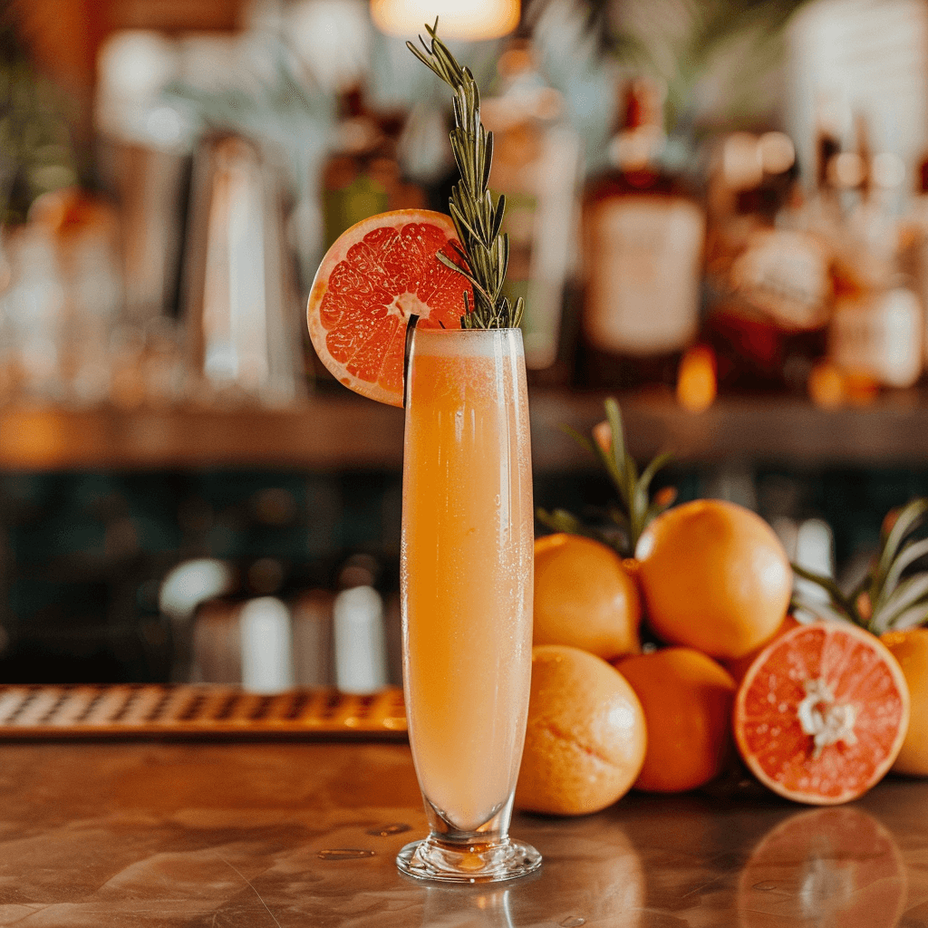 A modern and refreshing mimosa in a clear flute, filled with a mix of champagne and freshly squeezed grapefruit juice, garnished with a sprig of rosemary. The drink is placed on a minimalist bar counter, with a backdrop of fresh grapefruits and a clean, bright atmosphere.