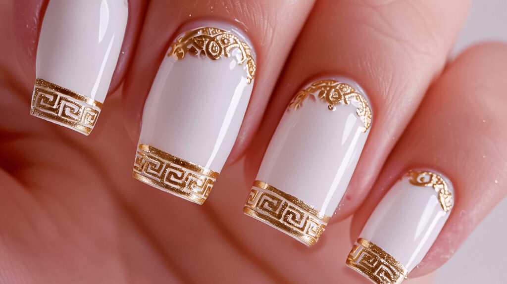 Nails painted in a pristine white base, featuring intricate golden Greek key patterns at the tips or as a border along the nail bed. The Greek key or meander design symbolizes infinity and unity, bringing depth to the simple color palette.