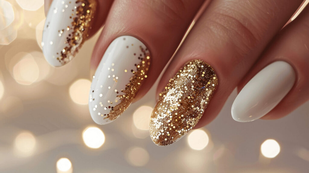 A subtle yet glamorous approach, with white nails sprinkled with golden flecks or glitter. This design simulates a scattered gold dust appearance, providing a luxurious and festive feel. 
