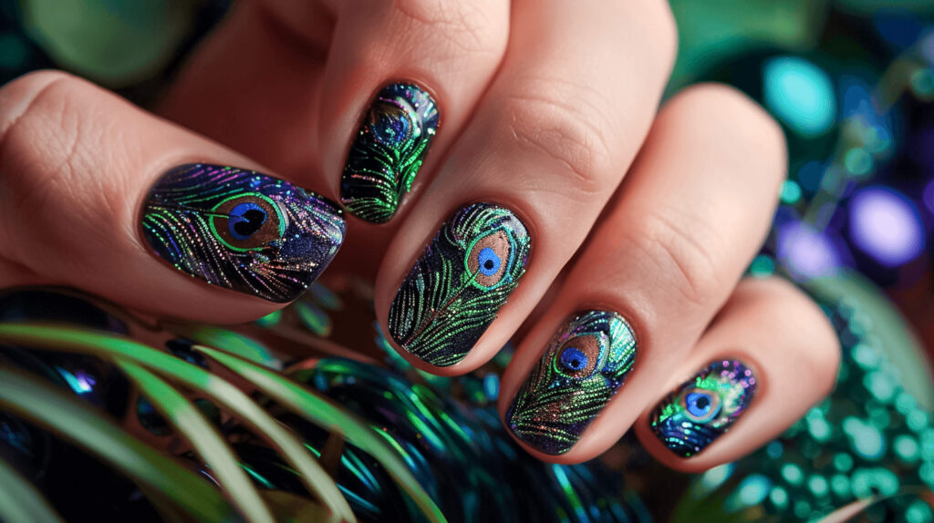 A luxurious manicure with a royal purple base, accented with peacock feather designs in iridescent greens and blues, symbolizing Hera, the queen of the gods.