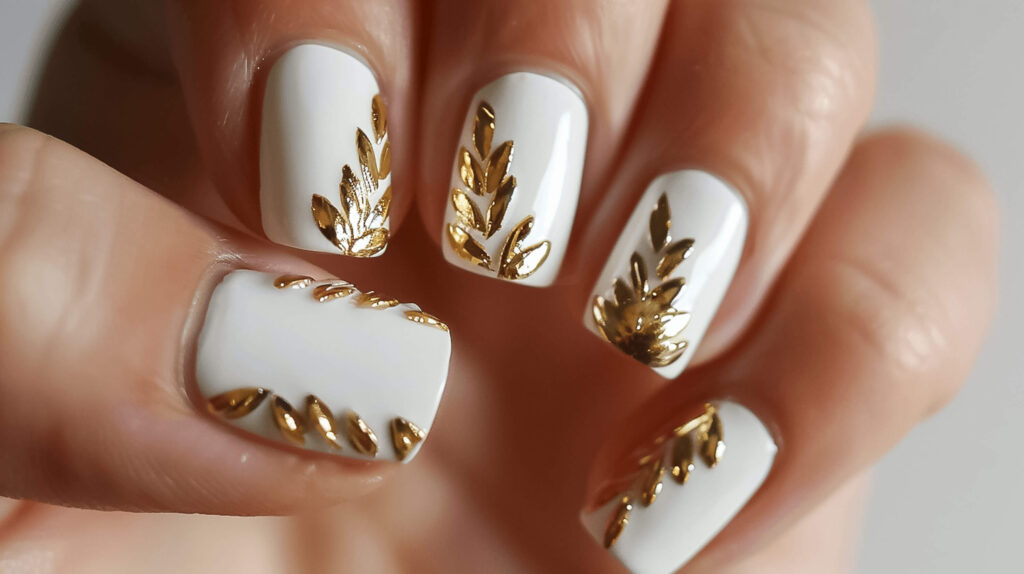 White nails adorned with golden laurel wreaths wrapped around each nail. The laurel wreath is a symbol of victory and honor in ancient Greece, making this design both meaningful and stylish. 