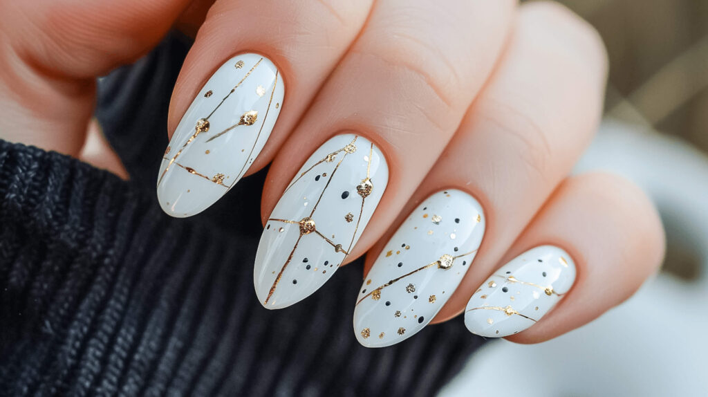 White nails with delicate golden dots and lines forming constellations. This celestial design can be inspired by Greek mythology, where many stories are written in the stars, creating a look that’s both mystical and elegant. 