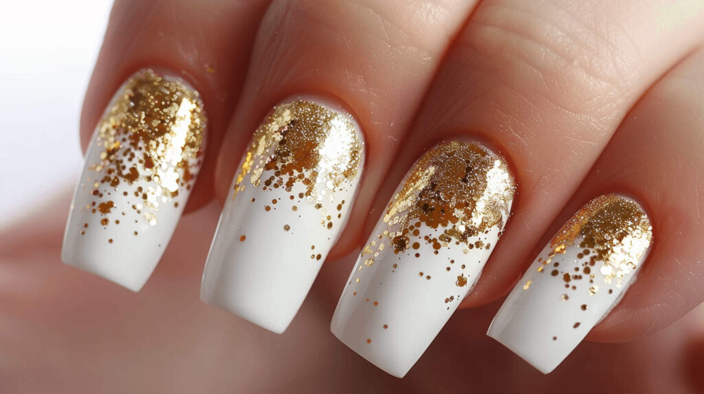 A subtle yet glamorous approach, with white nails sprinkled with golden flecks or glitter. This design simulates a scattered gold dust appearance, providing a luxurious and festive feel. 