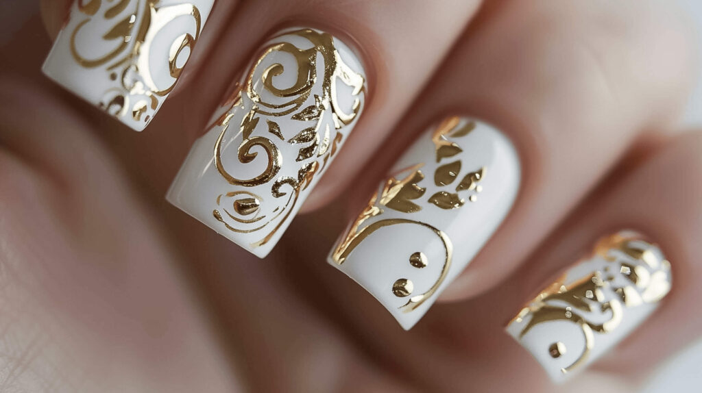 Intricate filigree patterns in gold over white nails, reminiscent of fine Greek jewelry. This design is detailed and sophisticated, with swirling lines and tiny leaves woven into a delicate golden mesh.