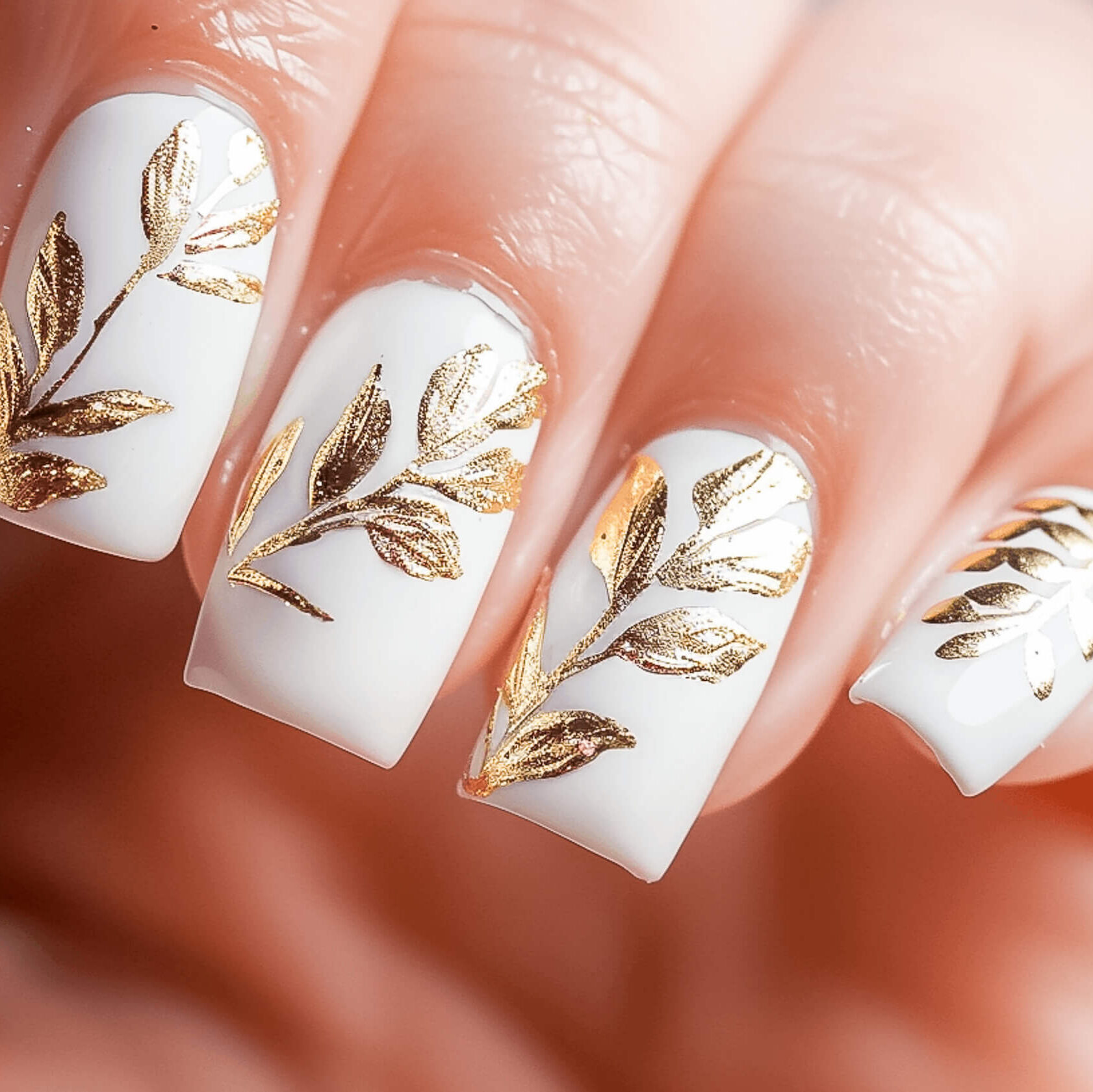 Nails showcasing delicate olive branch designs in gold over a white base. The olive branch is another historic symbol of peace and victory in Greece, and its delicate leaves and olives add a naturalistic element to the nails.