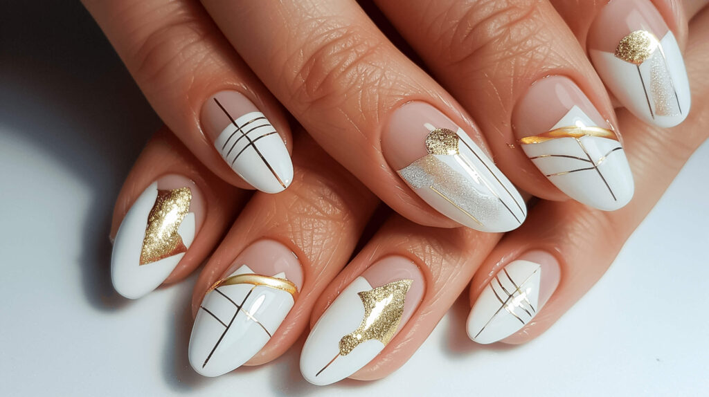 On a pure white base, this nail design features bold geometric shapes and lines in shimmering gold, creating a stunning visual contrast. The arrangement includes various geometric forms such as triangles, circles, and intersecting lines, meticulously placed to give a modern yet classic Greek aesthetic. This sophisticated style is perfect for anyone looking to blend contemporary art with traditional Greek elements on their nails.