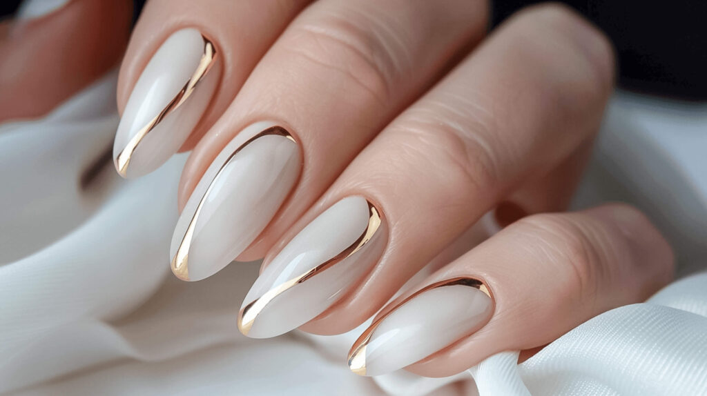 Simple white nails with elegant golden borders along the nail tips or as half-moons at the base. This minimalist design focuses on clean lines and chic simplicity, making it versatile and suitable for any occasion. 