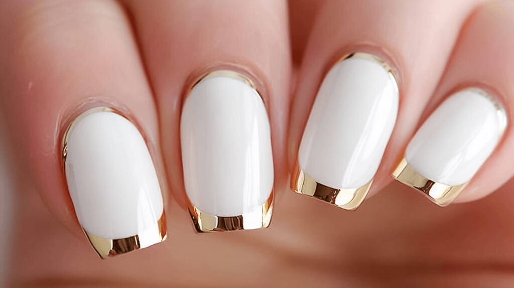 Simple white nails with elegant golden borders along the nail tips or as half-moons at the base. This minimalist design focuses on clean lines and chic simplicity, making it versatile and suitable for any occasion.