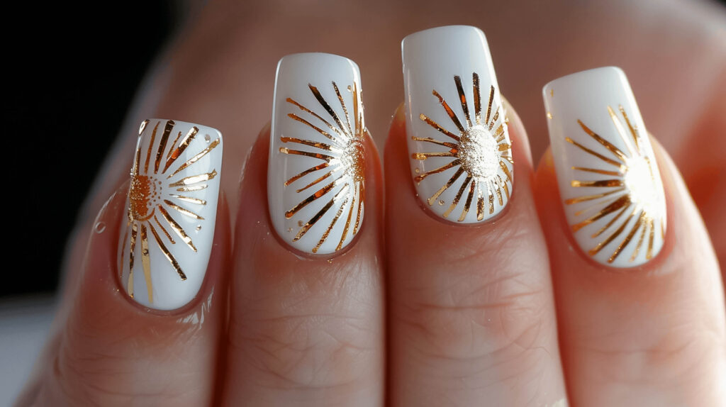 White nails with a central gold sunburst pattern emanating from the base or tip of the nail. This design captures the power and radiance of the sun, which was a significant symbol in ancient Greek culture.