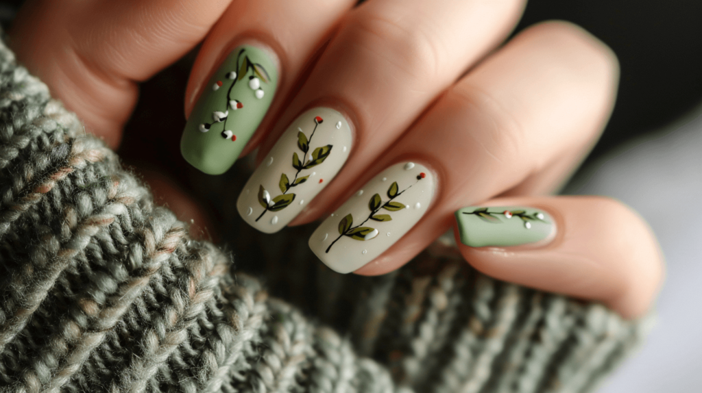 Simple Green Leaf: For a minimalist look, go for a soft green base and paint a single, elegant leaf on each nail. This design speaks to living simply and reducing our environmental footprint.