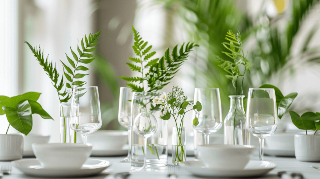 A minimalist Earth Day tablescape with a focus on different shades of green. Simple glass vases holding a variety of green leaves, from ferns to eucalyptus, set against white ceramic dishes for a clean, eco-conscious dining experience.