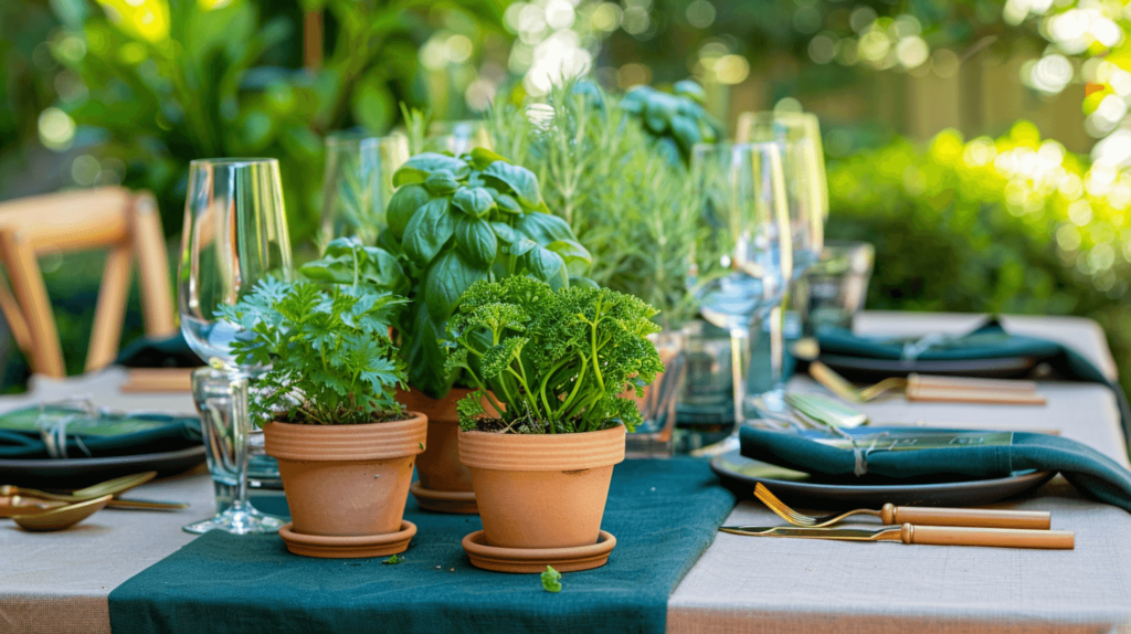 potted green herbs and plants going down the center of the outdoor table