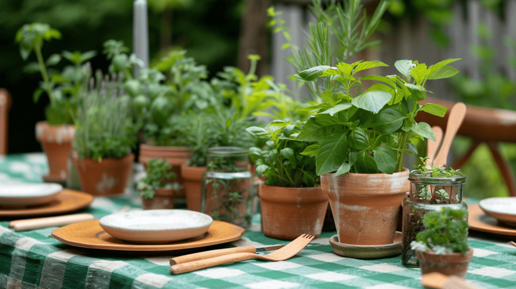 A vibrant outdoor Earth Day tablescape with a centerpiece of edible plants like basil, parsley, and cilantro in small terracotta pots. The use of wooden cutlery and green cloth napkins emphasizes sustainability and freshness.