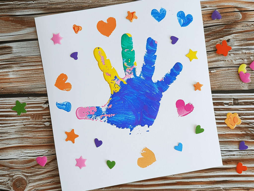 A handprint card for Mother's Day. The image shows a colorful handprint in the center of a plain card, surrounded by small, childlike decorations such as hearts and stars. The card is open, lying flat, and the handprint is vivid and looks like it was made by a child's hand. There are no words or text on the card, focusing solely on the visual elements of the handprint and decorations.