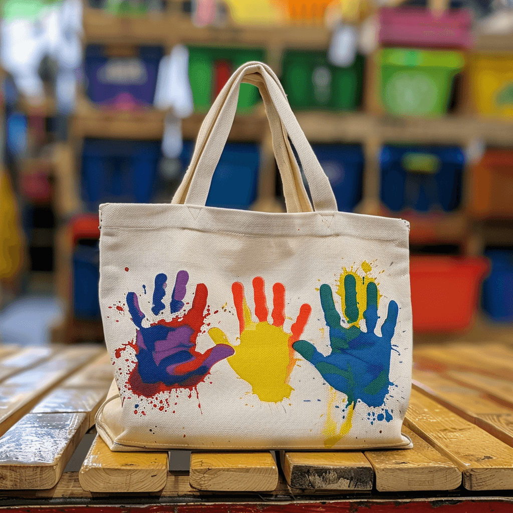 image of a tote bag decorated by a child's handprints with no words or text on the tote only child handprints; DIY teacher appreciation gifts