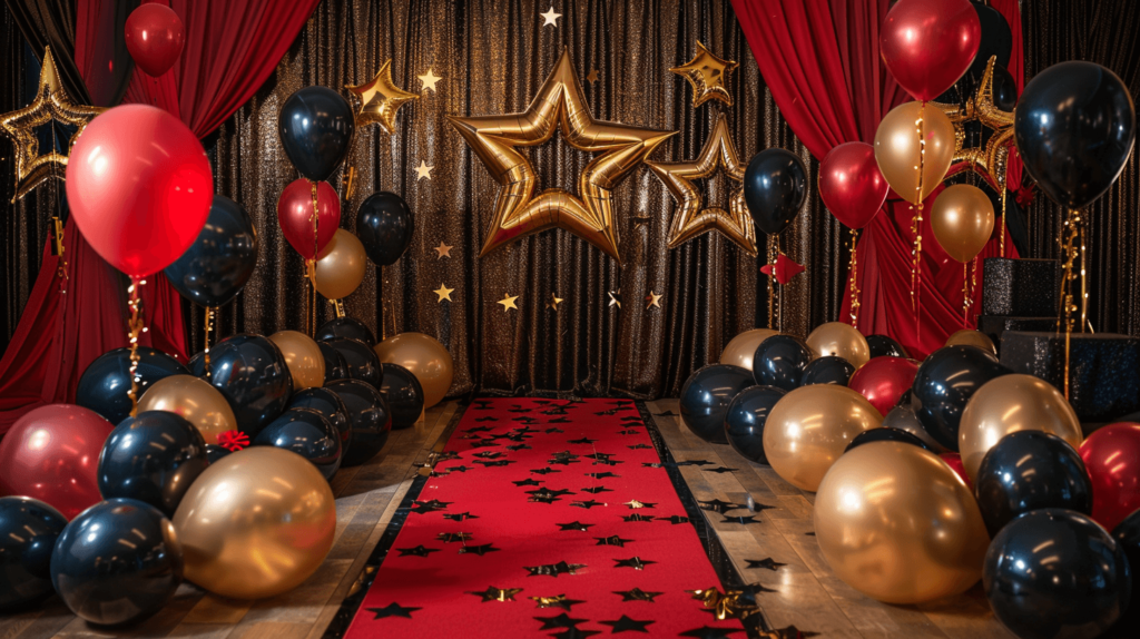 Hollywood Glamour Theme: An elegant setup reminiscent of a glamorous movie premiere, featuring a red carpet entrance, gold and black balloons, and Hollywood star cutouts