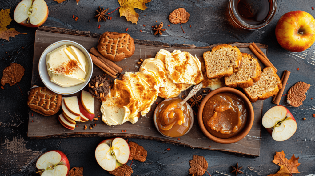 Incorporate pumpkin spice or apple butter into your spread. This board pairs wonderfully with warm apple fritters, pumpkin bread, or cinnamon raisin toast. Add sliced apples and a caramel dip to complete the theme.