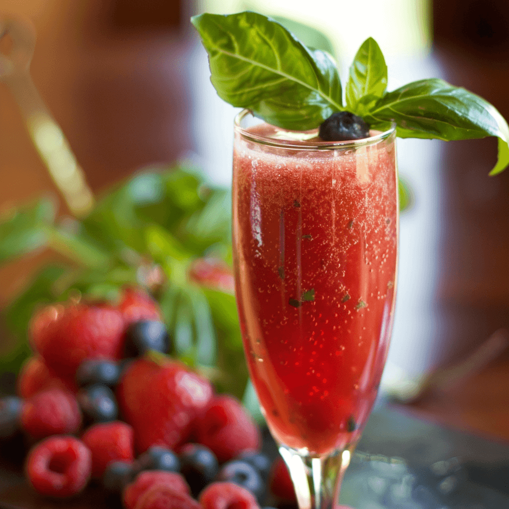 A champagne glass filled with a sparkling mimosa featuring a rich berry puree made from a blend of organic strawberries, raspberries, and blueberries, topped with organic sparkling wine. A fresh basil leaf is gently placed inside the glass, subtly enhancing the drink. The champagne glass is set on a table, showcasing a sophisticated and vibrant look. The setting is bright and elegant, highlighting the deep red and purple tones of the berry mimosa and the green basil garnish inside the glass.