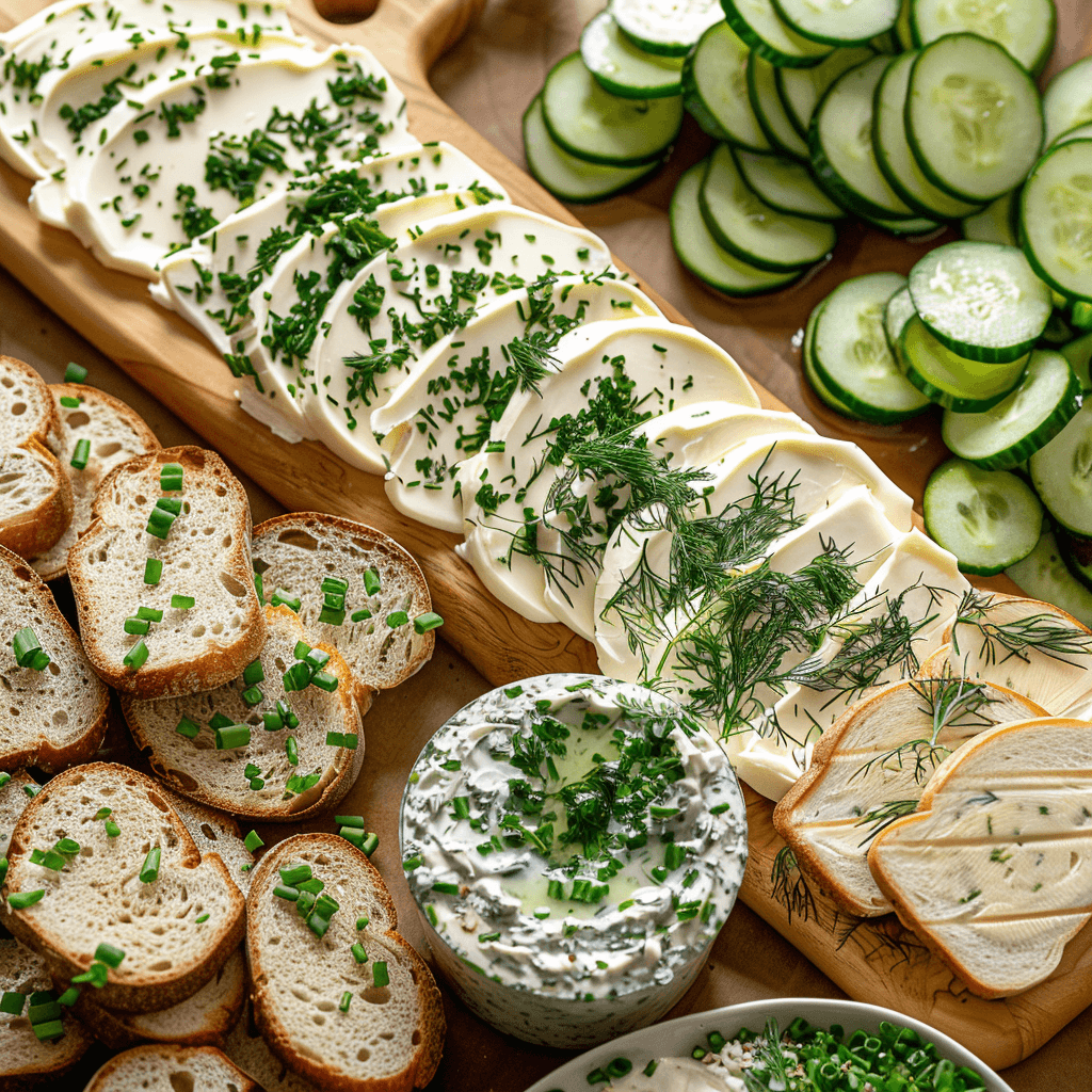 Blend softened butter with a mix of chopped fresh herbs like dill, parsley, and chives. Pair with rustic whole-grain breads or bagels. Add cream cheese and slices of cucumber for a refreshing touch.