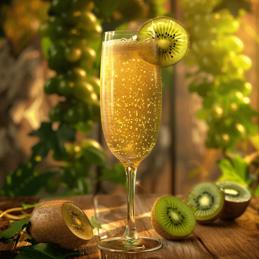 A unique mimosa in a recycled glass, mixing mashed organic kiwi with honey, topped with organic sparkling wine, and garnished with a kiwi slice. The champagne glass is set on a natural wooden table with a backdrop of kiwi vines, representing a vibrant and exotic ambiance. The composition highlights the fresh green color of the kiwi, complemented by the golden hues of the honey and sparkling wine. The natural setting and the use of recycled glass underline the drink's eco-friendly and organic nature, making it a perfect toast to the environment on Earth Day.