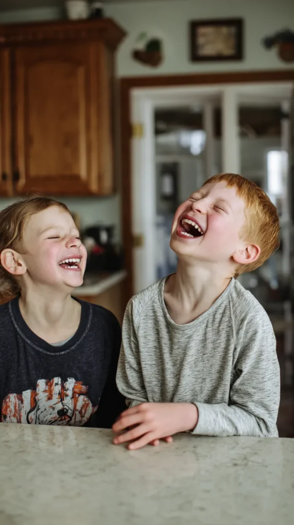 two boys laughing in the kitchen
