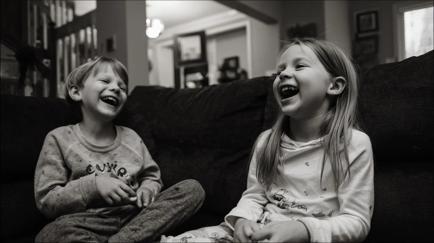 black and white photo of two kids laughing, April Fools Day pranks