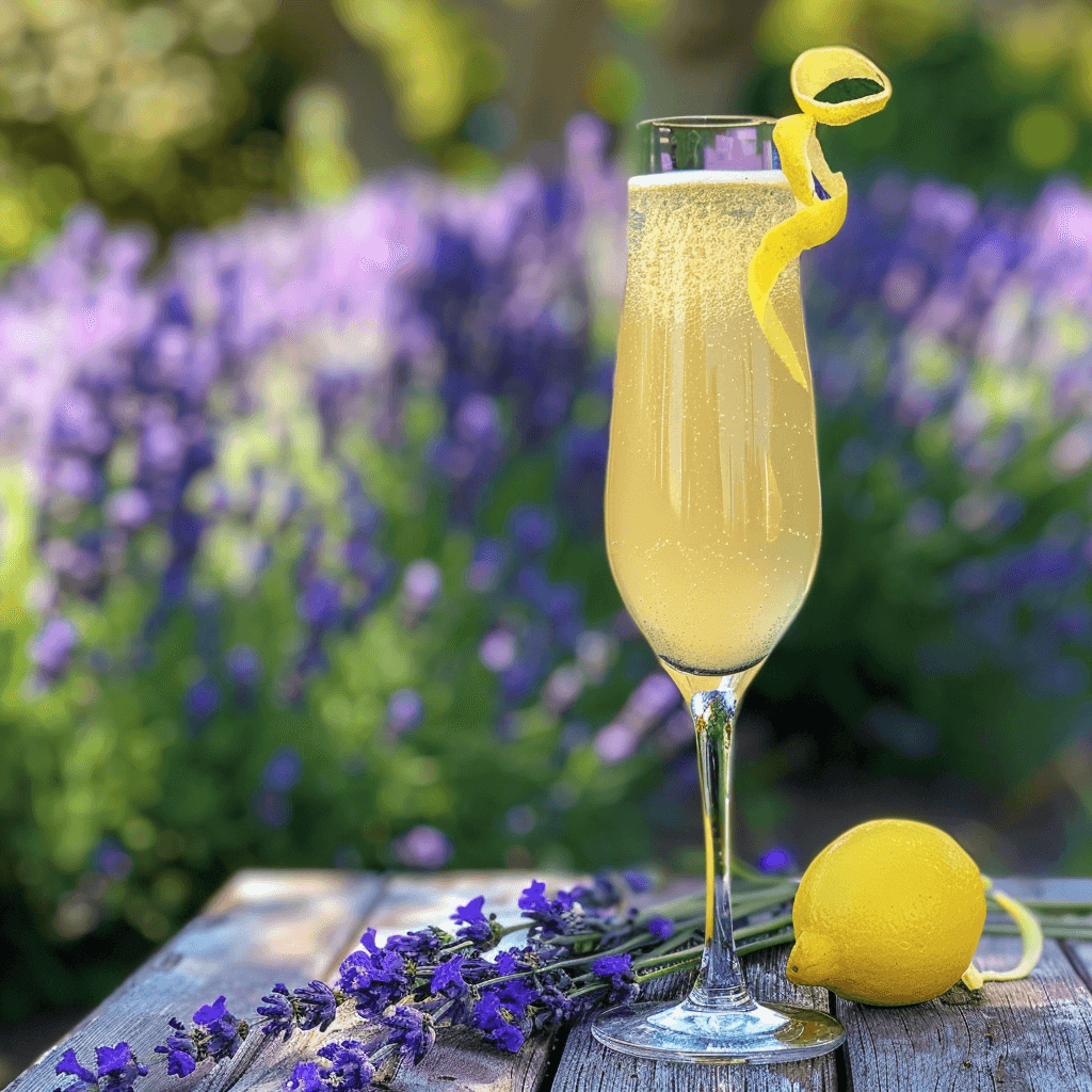 A delicate and soothing lavender lemon mimosa in a champagne flute, combining sparkling wine with chilled lemonade and a hint of lavender syrup. The glass is garnished with a lemon twist, set on a garden table surrounded by blooming lavender and soft, natural light.