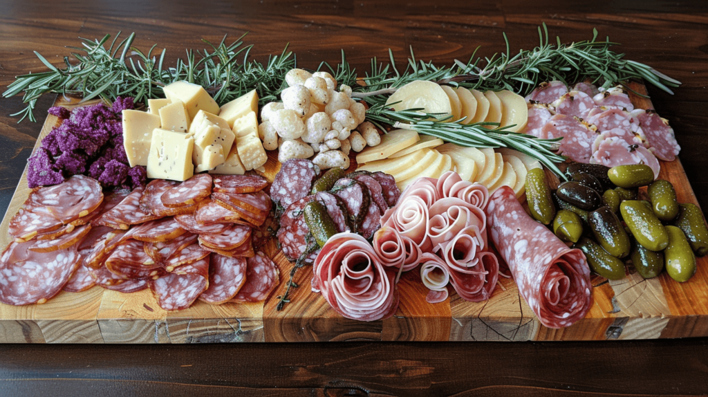 f "The Alpine Cheese" board featuring Gruyère, Emmental, Raclette, cured meats, pickled onions, cornichons, dark rye bread, mustard, decorated with rosemary and thyme.