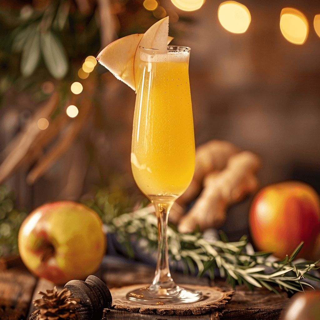 image of the sprakling Apple Ginger Zing mimosa, presented in a recycled glass. The setting and garnishes capture the drink's natural crispness and the warm spice of ginger, all set against a backdrop that evokes a fresh and invigorating atmosphere. 