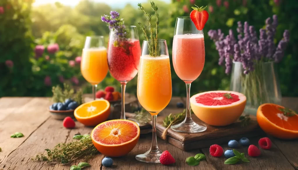 4 mimosa drinks with fruit on the wooden table