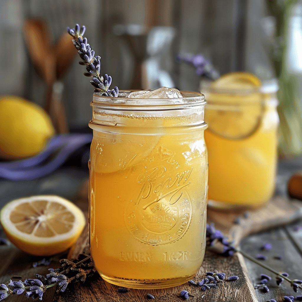image of the Lavender Lemon Mimosa, elegantly served in a recycled mason jar. The composition highlights the drink's natural beauty and serenity, perfectly fitting for its organic and calming ingredients.