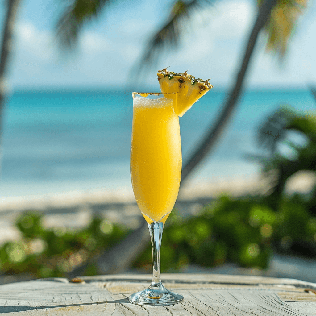 A tropical mimosa in a recycled champagne glass, blending organic pineapple juice with coconut water, topped with organic sparkling wine, and garnished with a pineapple slice. The glass is placed on a beachside table with a view of the ocean, symbolizing a refreshing and natural tropical setting. The composition highlights the yellow hue of the pineapple juice and the subtle touch of coconut, with the sparkling wine adding a festive sparkle. The backdrop of the beach and ocean brings a sense of relaxation and connection to nature, emphasizing the eco-friendly and organic elements of the drink.
