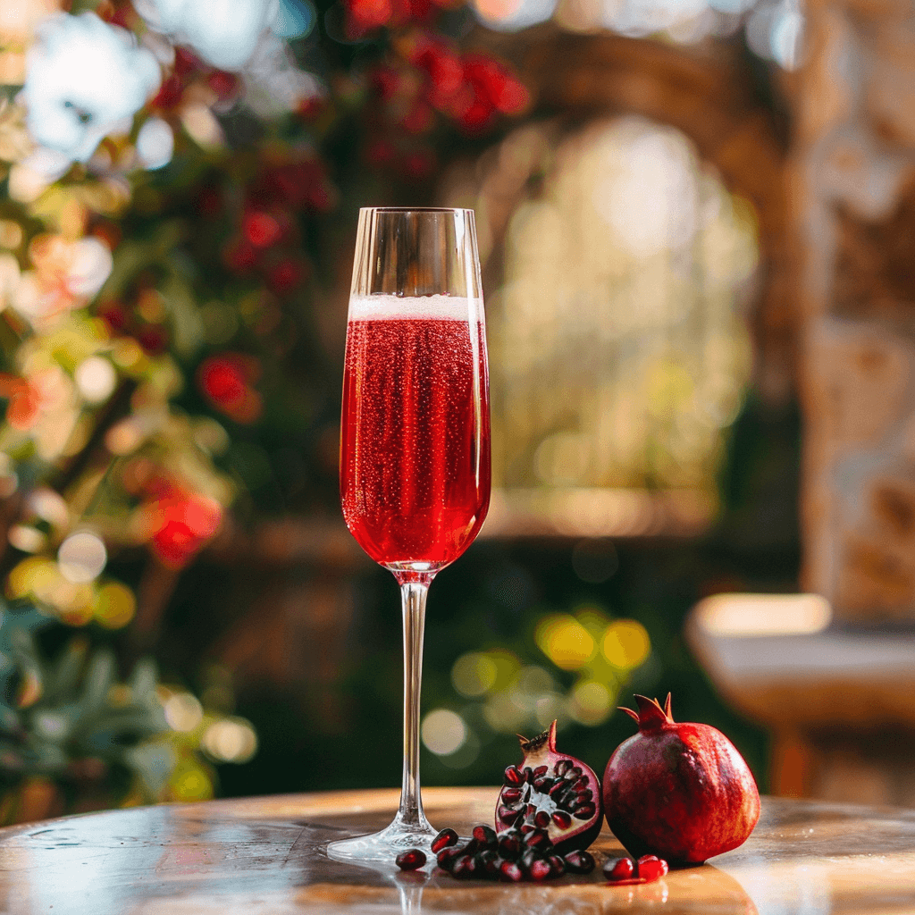 A rich red mimosa in a recycled champagne glass, made with organic pomegranate juice and organic sparkling wine, garnished with pomegranate seeds. The glass is set on an outdoor table with pomegranate trees in the background, reflecting a vibrant and earthy setting. The drink's deep red color is accentuated by the natural lighting, highlighting the freshness and richness of the pomegranate, with a focus on the eco-friendly aspect of the glass and the natural beauty of the surroundings. 