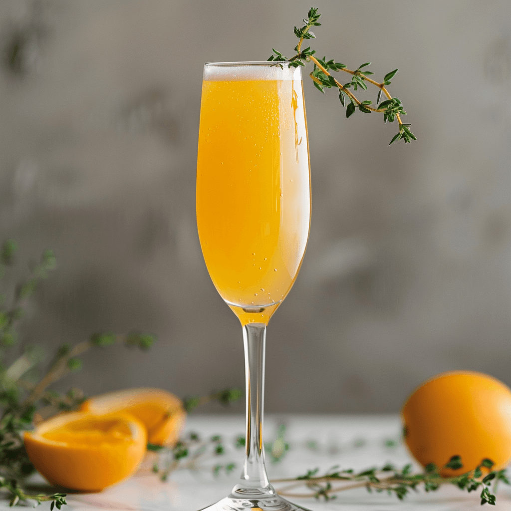 image of the Classic Orange Mimosa with a Twist. The champagne glass now contains a more subtly placed sprig of thyme or rosemary, ensuring it complements rather than overpowers the drink. The presentation remains elegant and celebratory, highlighting the bright orange color of the mimosa.