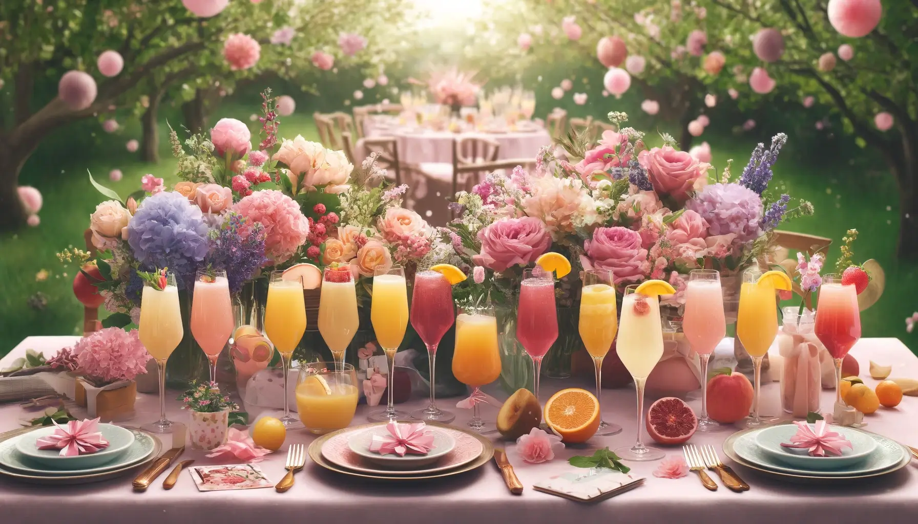 The setting includes a table set outdoors with a beautiful garden backdrop, decorated with abundant spring flowers and pastel colors, and featuring champagne flutes filled with variously colored mimosas. Small touches like Mother's Day cards and pink ribbons enhance the festive and maternal theme.