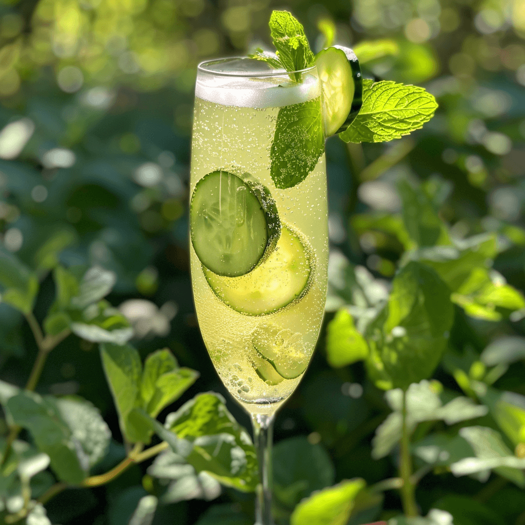 A cool and refreshing mimosa in a recycled champagne glass, muddled with organic cucumber slices and mint leaves, topped with organic sparkling wine. The setting is a peaceful garden with cucumber plants and mint leaves, emphasizing a fresh and eco-friendly atmosphere. The glass showcases the clear, invigorating color of the drink, accented by the green hues of the cucumber and mint. The natural light illuminates the drink, highlighting its crisp and refreshing qualities, and the recycled glass adds an eco-conscious touch, blending seamlessly with the garden environment.