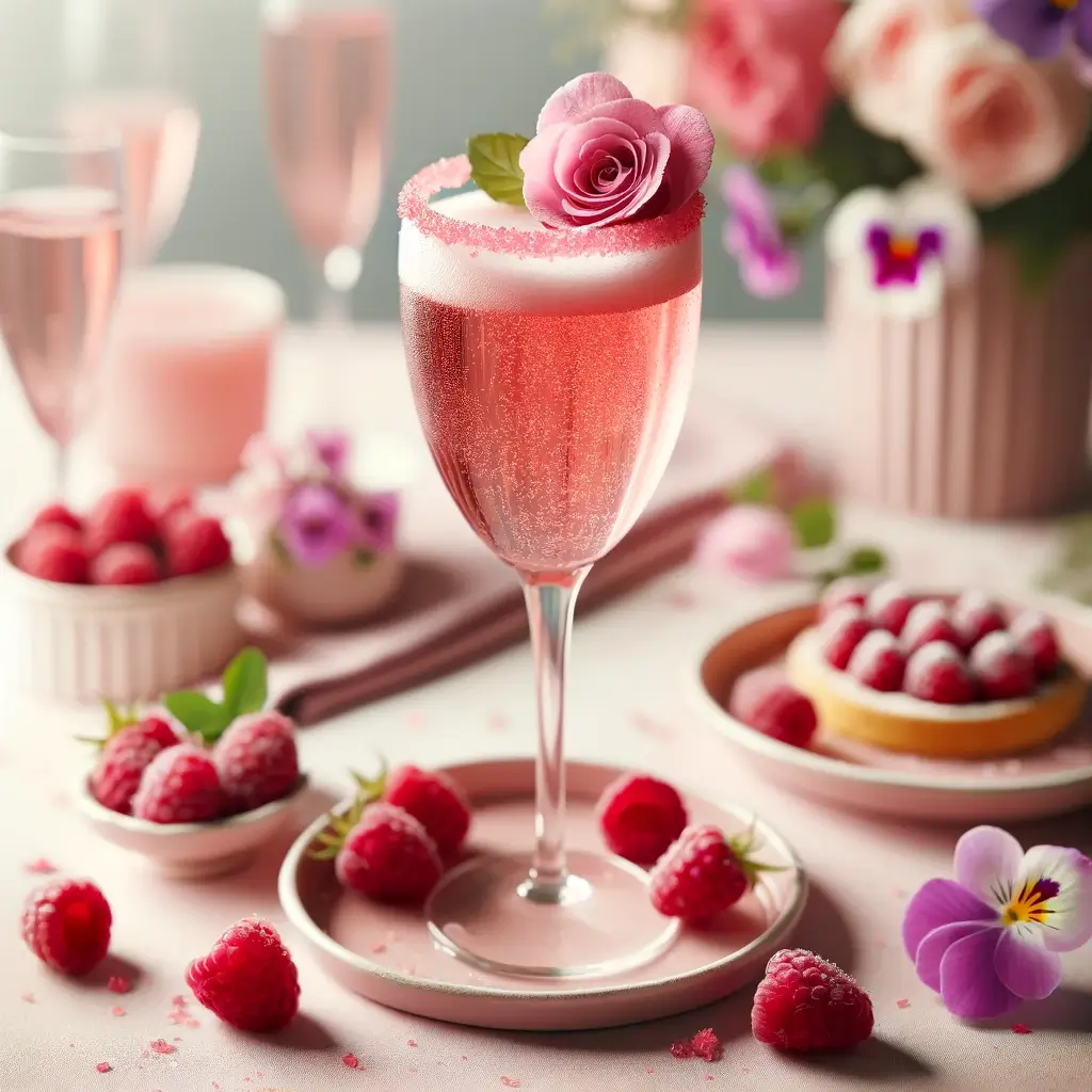A sophisticated Mother's Day brunch setting featuring a Rosewater Raspberry Mimosa. The drink consists of a champagne flute rimmed with pink sugar, filled with sparkling wine and raspberry puree, adorned with a splash of rosewater. The glass is garnished with fresh raspberries and delicate edible flowers like pansies or violets. The setting includes a light pastel tablecloth and matching floral arrangements, creating a festive and elegant atmosphere. 