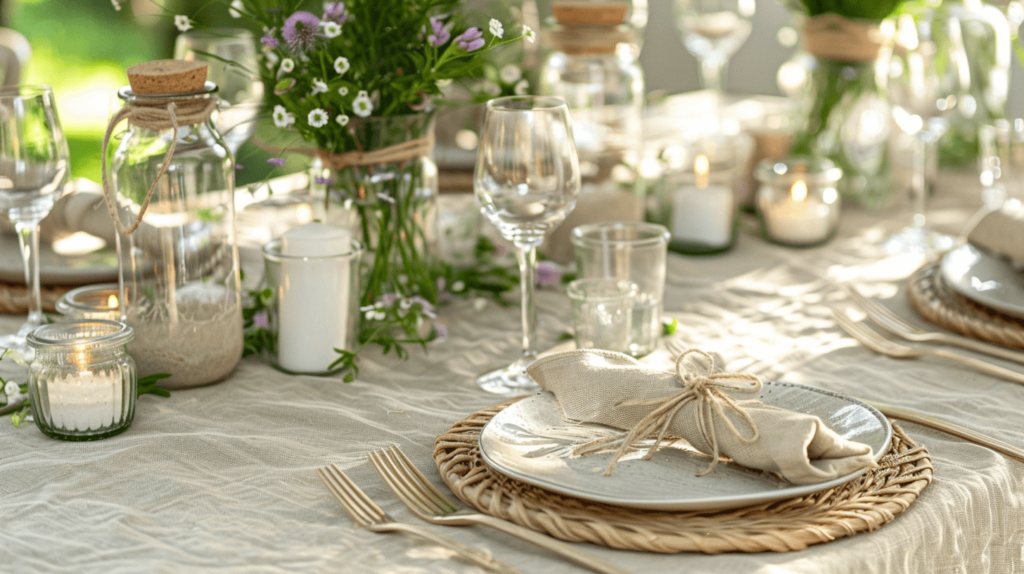 A natural Earth Day tablescape featuring a linen tablecloth in soft beige, bamboo plates, and clear glass jars filled with wildflowers. Twine-wrapped utensils and candle holders made from repurposed wine bottles complete the look.