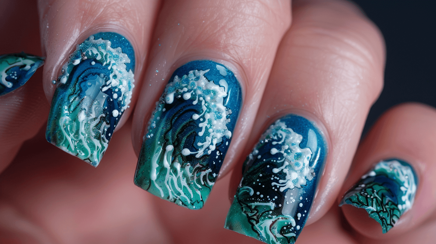 wave design on Earth Day nails