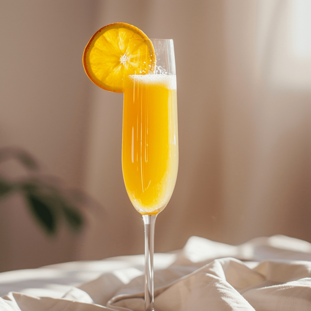 A sophisticated and elegant brunch setting featuring a tall, slender champagne flute filled halfway with sparkling champagne topped with vibrant orange juice. The glass is garnished with a fresh orange slice on the rim, set against a backdrop of a white linen tablecloth and soft morning light.