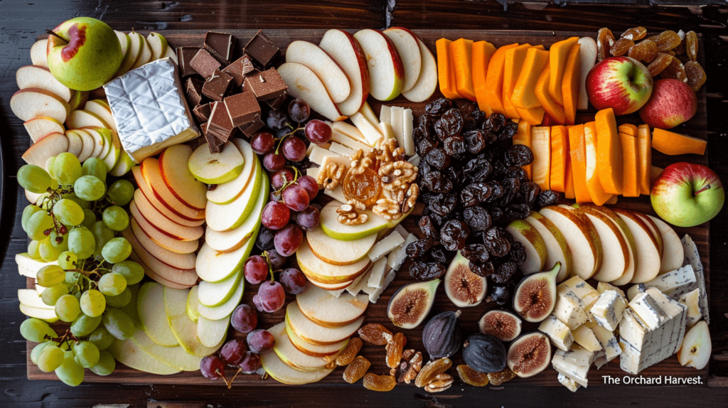 Generate an image of a charcuterie board called "The Orchard Harvest." It should display sliced apples, pears, grapes, dried apricots, and figs with brie and cheddar cheeses. Add honey and dark chocolate pieces, with walnut and applewood used for presentation.

