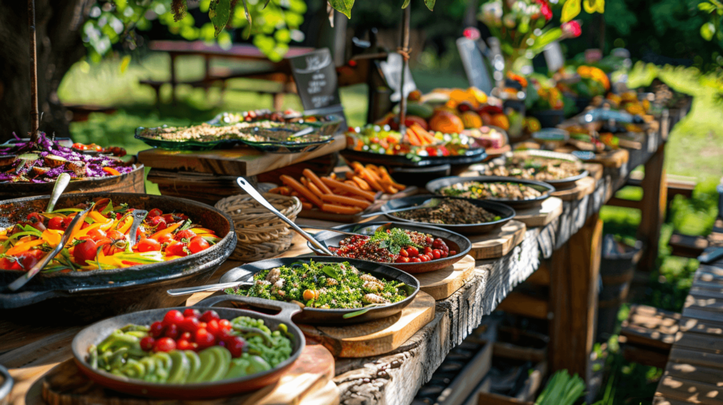 An image showing a buffet table at an outdoor party, loaded with dishes made from organic and locally sourced ingredients. Highlight a colorful array of vegetarian dishes, fresh fruits, and a rustic setting with wooden serving platters and compostable tableware.