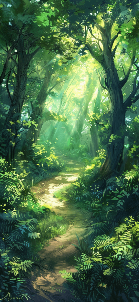 A scenic view of a path winding through a lush green forest, light streaming through the trees.