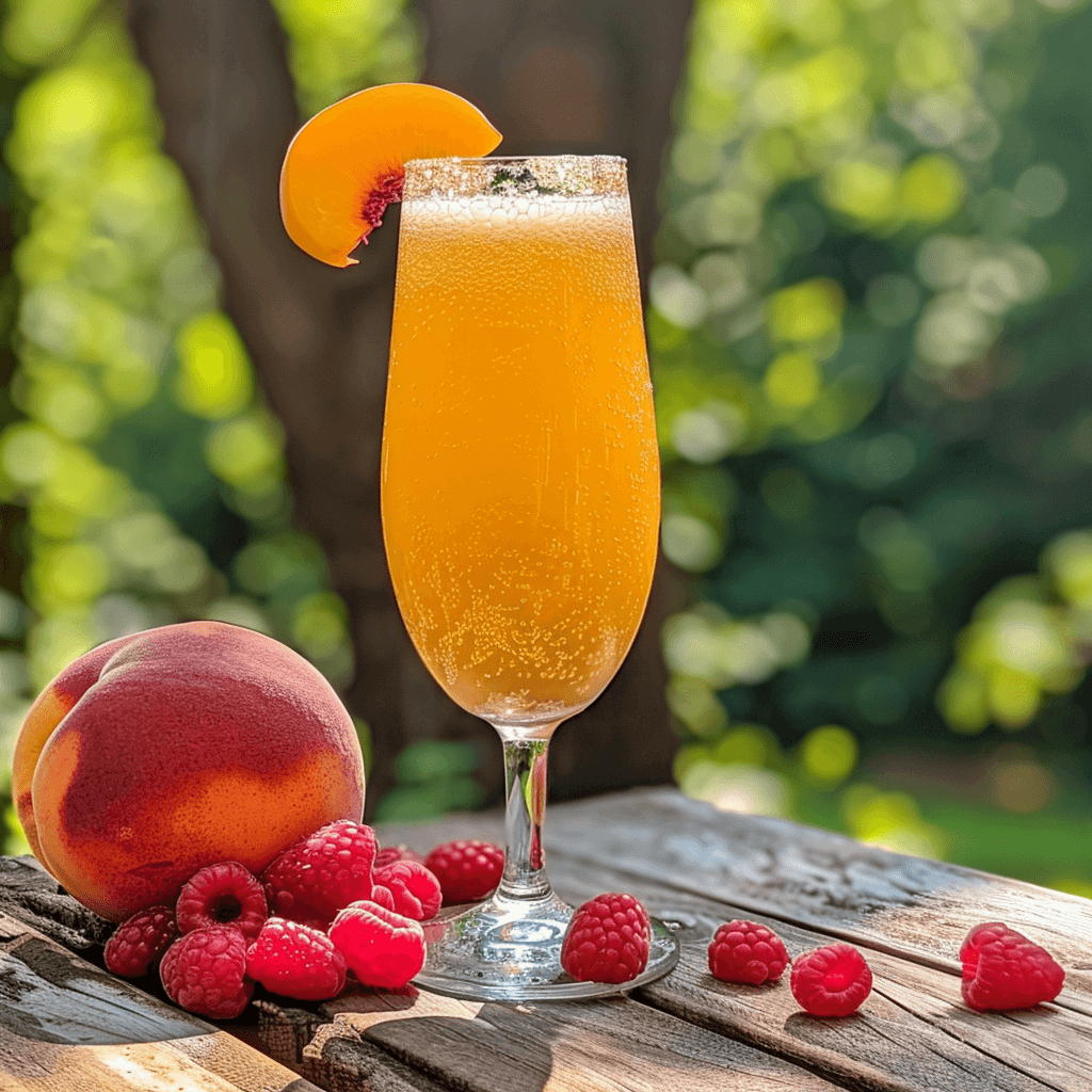 A sweet mimosa in a recycled glass, made with organic peach nectar, topped with organic sparkling wine, garnished with a peach slice or raspberries. The glass is set on a rustic outdoor table with peach trees in the background, depicting a lush and fruitful environment. The drink's warm, peachy hue is the focus, enhanced by the natural light and complemented by the vibrant red of the raspberries or the soft orange of the peach slice. This setting emphasizes the drink's connection to nature and its eco-friendly presentation, capturing the essence of a sunny, serene orchard. 