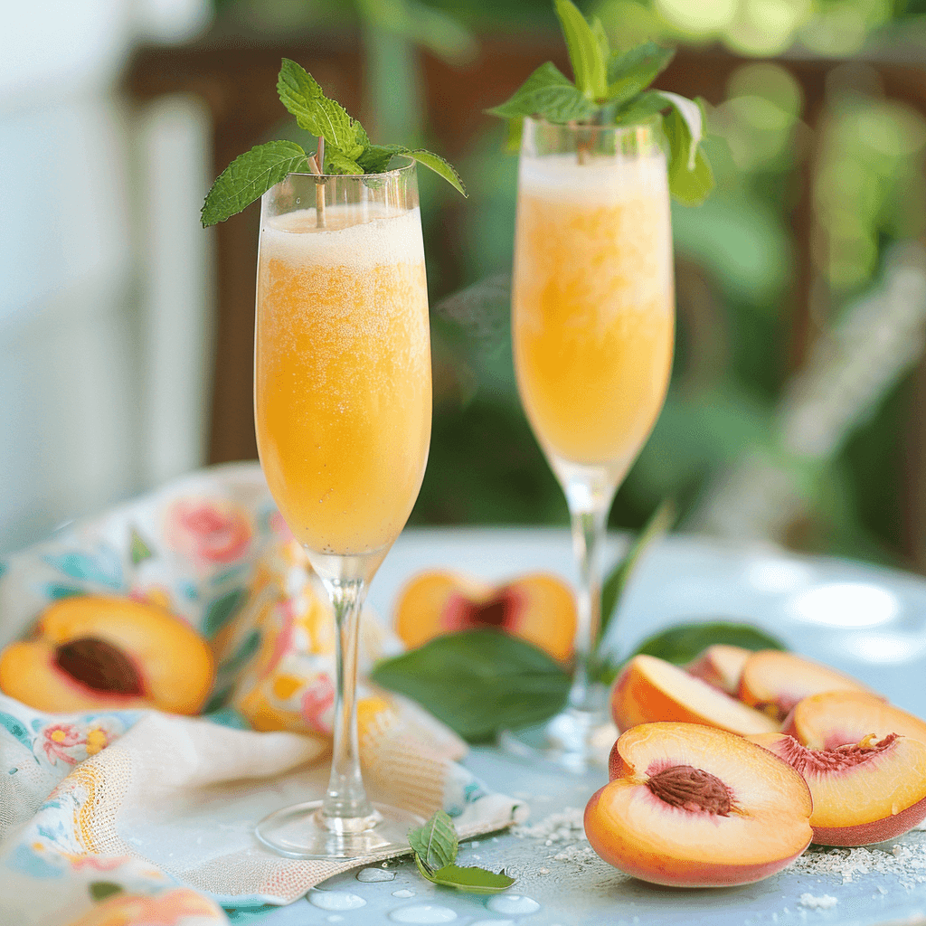 A refreshing peach bellini mimosa in a clear flute, showcasing a blend of chilled champagne and smooth peach puree. A sprig of mint adorns the drink for a touch of green, set on a sunny terrace table with peach slices and a soft, pastel tablecloth.