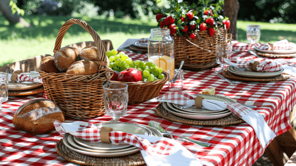 A casual, picnic-style Earth Day tablescape using checkered cloth, wicker baskets as bread and fruit holders, and reusable mason jars for drinks. This setup is perfect for a laid-back celebration in your backyard or local park.