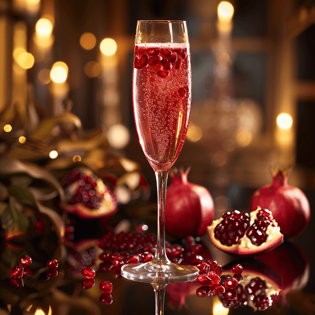 n elegant mimosa in a champagne flute, combining sparkling wine with deep red pomegranate juice, sprinkled with pomegranate seeds. The setting is a chic bar, with the drink placed on a reflective surface, surrounded by pomegranate halves and ambient candlelight.