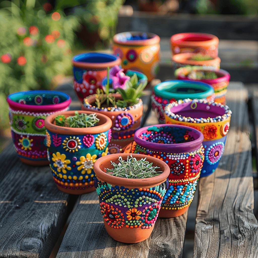 A collection of creatively decorated terracotta flower pots displayed on a rustic wooden table. Each pot is uniquely adorned with vibrant paint, intricate hand-painted patterns, and a mix of embellishments including beads, buttons, and pieces of colorful fabric. The scene is set outdoors with soft sunlight enhancing the vivid colors and detailed designs of the pots. The background is gently blurred, focusing attention on the craftsmanship and artistic quality of each pot. 