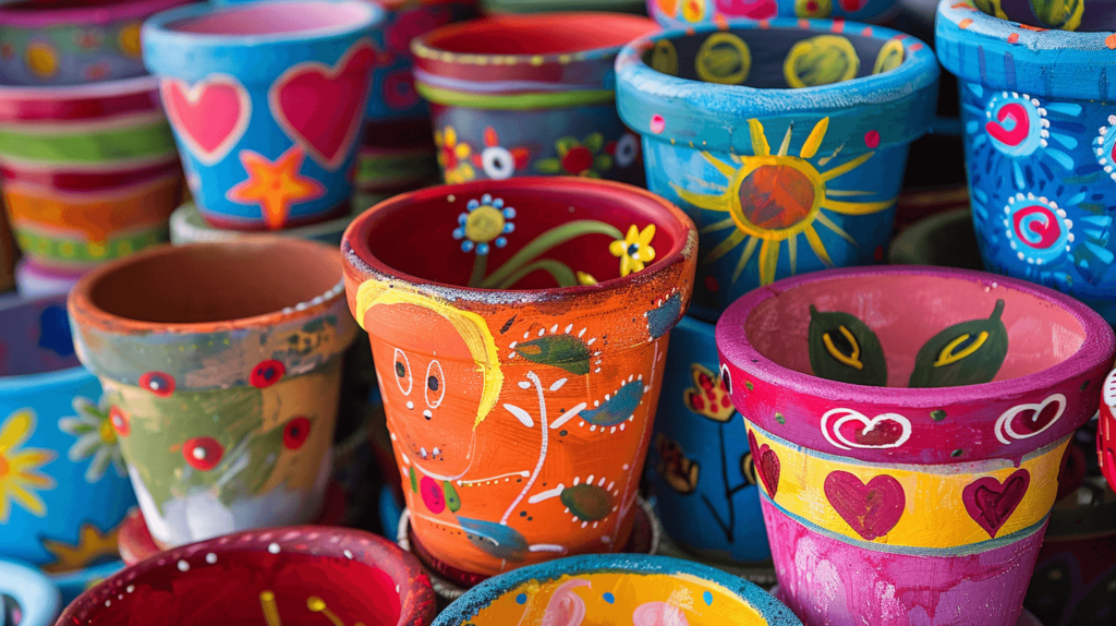 An array of decorated flower pots, designed as Mother's Day gifts by children. Each pot is vividly painted in bright, cheerful colors. Some feature playful patterns like stripes, polka dots, and floral designs, while others showcase childlike drawings of suns, hearts, and stars. A few pots might have simple, abstract designs, reminiscent of children's artwork. The flower pots vary in size and shape, creating a colorful and eclectic collection. They are displayed together, giving a sense of joyful creativity. The image focuses on the artistic decorations of the pots, with no text or words, emphasizing the visual appeal of these hand-decorated items.